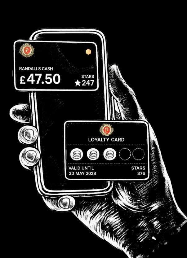 A hand holding Randalls loyalty cards showing stars and cash balance